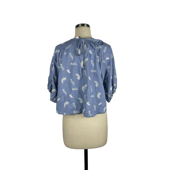 HOUSE OF HARLOW 1960 Blue Linen Blend Puff Sleeve Cropped Blouse Women's Size L - Picture 3 of 5